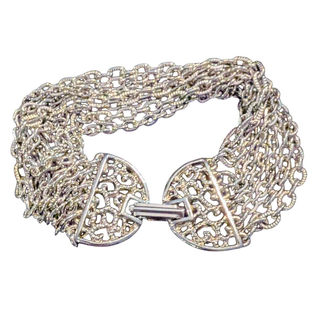 VTG Celebrity 8 Strand Silver Tone Chain Bracelet Fold Over Clasp 7.5 in Stamped